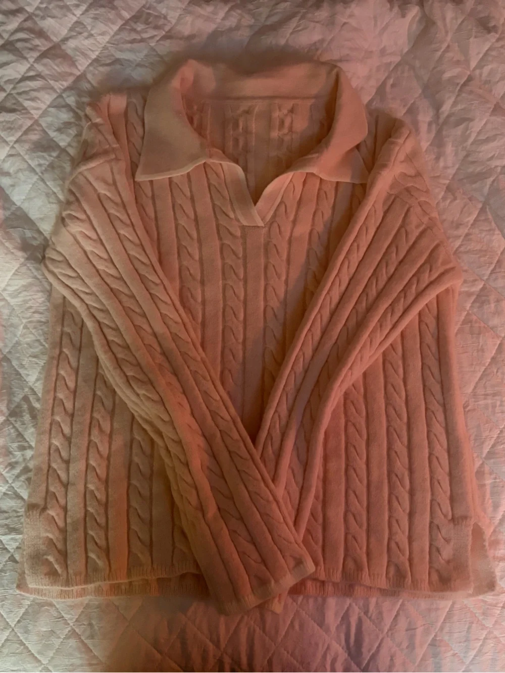 Banana Republic Pink Cable-Knit V-Neck Sweater with Collar